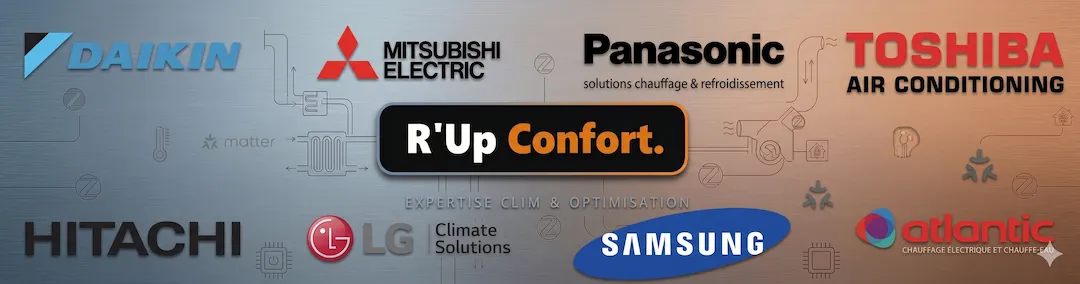 Marques partenaires R'Up Confort Climatisation : Daikin, Mitsubishi, Panasonic, Toshiba, Hitachi, LG, Samsung, Atlantic